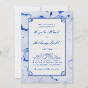 Blue White Marble Marbled Wedding Invitation