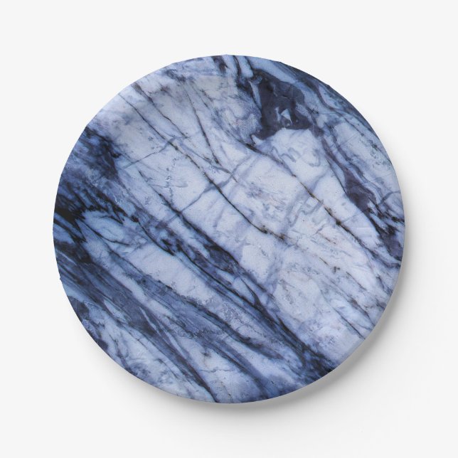 Blue & White Marble Stone Rock Swirl Modern Chic Paper Plates (Front)