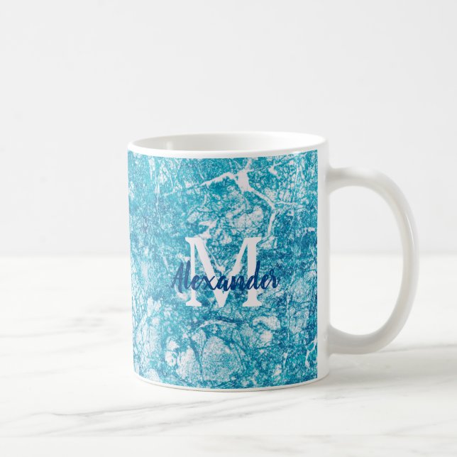 Blue & White Marble Texture Monogram Coffee Mug (Right)