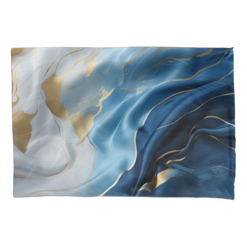 Blue White Marble with Gold Silk Look Pillow Case