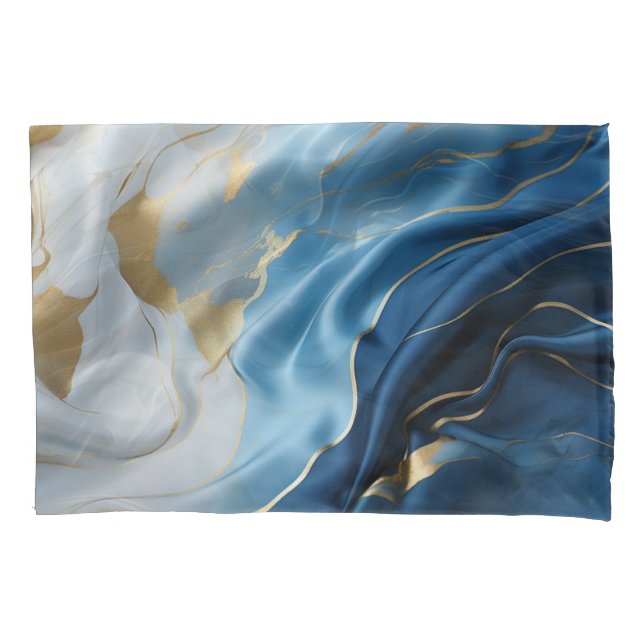 Blue White Marble with Gold Silk Look Pillow Case (Front)