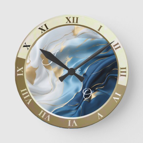 Blue White Marble with Gold Silk Look Round Clock