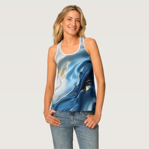 Blue White Marble with Gold Silk Look Tank Top
