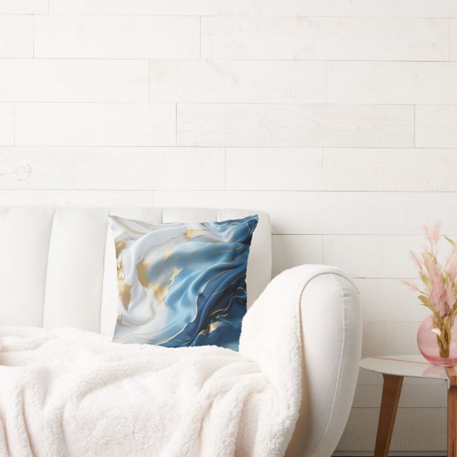 Blue White Marble with Gold Silk Look Throw Pillow (Couch)