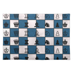 Blue & White Marbled Chess Board & Pieces Cloth Placemat