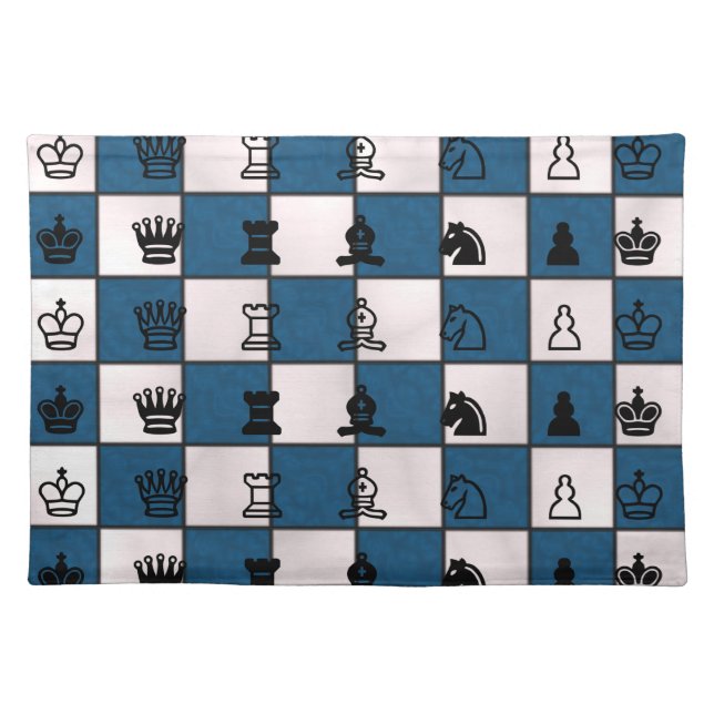Blue & White Marbled Chess Board & Pieces Cloth Placemat (Front)