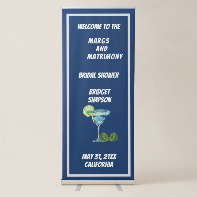 blue & white margs and matrimony bridal shower  retractable banner (Front)