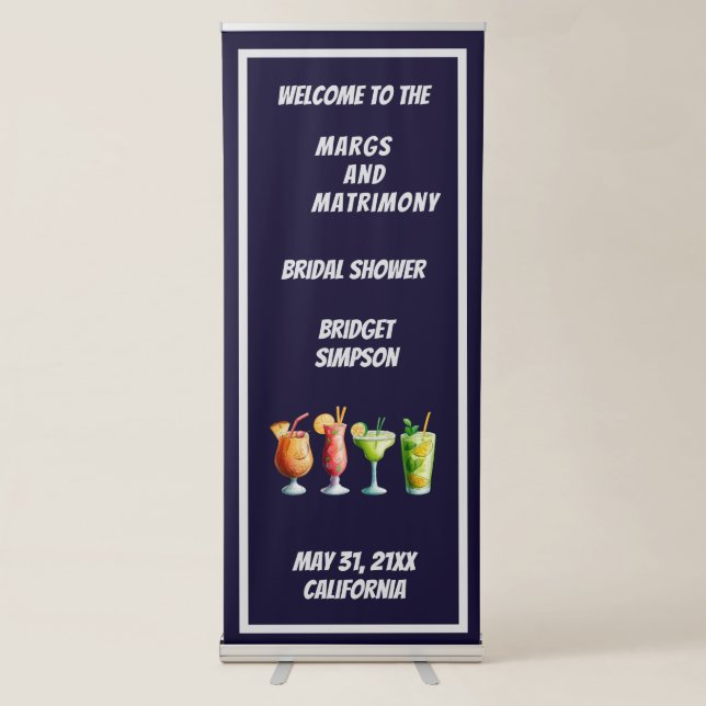 blue & white margs and matrimony bridal shower  retractable banner (Front)
