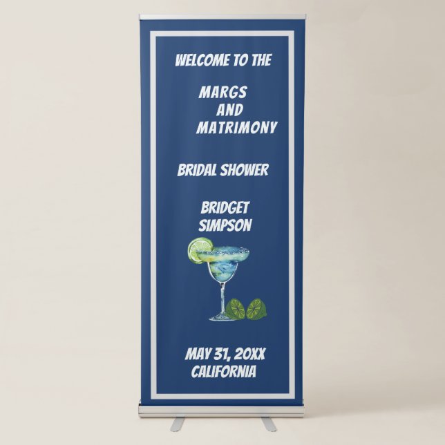 blue & white margs and matrimony bridal shower  retractable banner (Front)