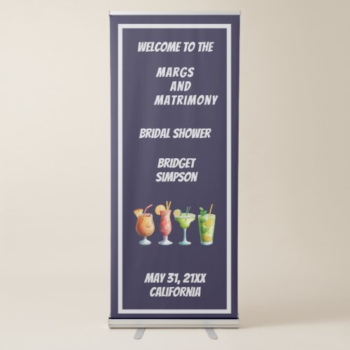blue  white margs and matrimony bridal shower  retractable banner