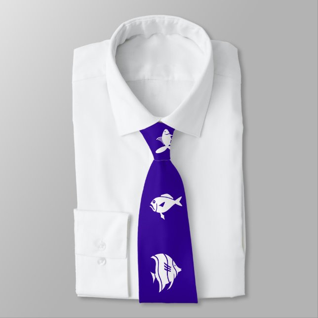 Blue White Marine Fishes Neck Tie (Tied)