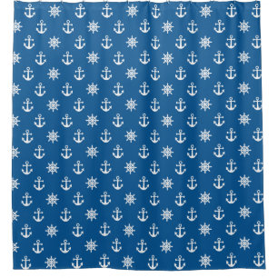 Blue White Marine Nautical Anchor Ships wheel Shower Curtain