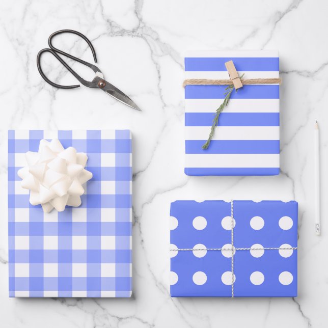 Blue White Matching Patterns Gingham Dots Striped  Wrapping Paper Sheets (Front)