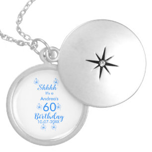 Blue white mauve shhhh 60th birthday floral name locket necklace