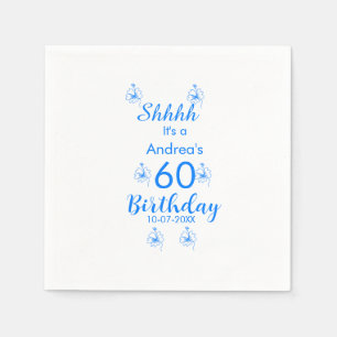 Blue white mauve shhhh 60th birthday floral name napkins