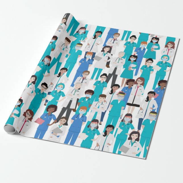 Blue White Medical Personnel Wrapping Paper (Unrolled)