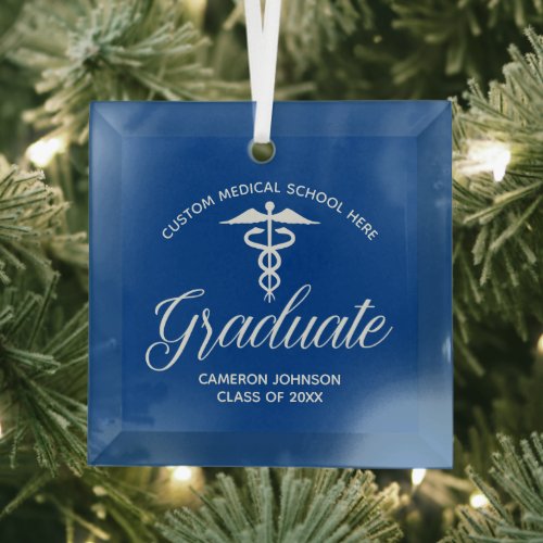 Blue White Medical School Graduation Gift Glass Ornament