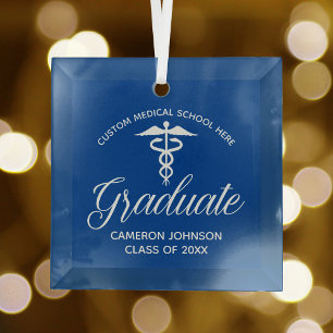 Blue White Medical School Graduation Gift Glass Ornament