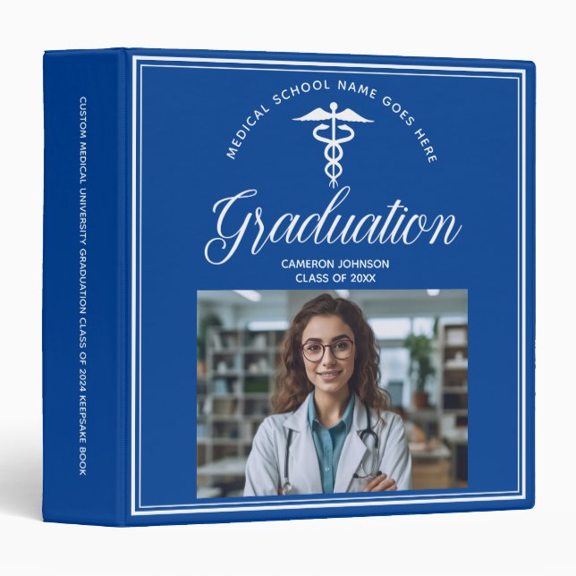 Blue White Medical School Graduation Photo Album 3 Ring Binder (Front/Spine)