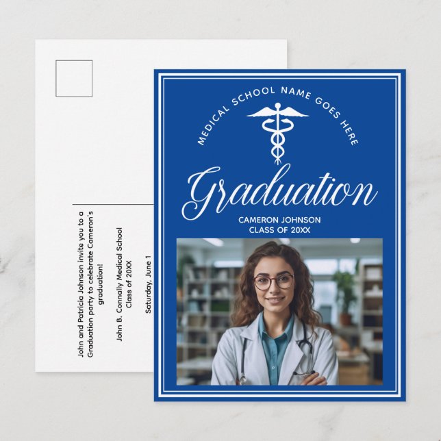 Blue White Medical School Photo Graduation Invitation Postcard (Front/Back)