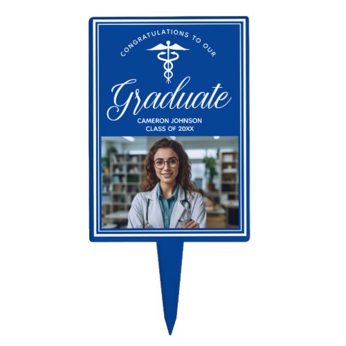 Blue White Medical School Photo Graduation Party Cake Topper