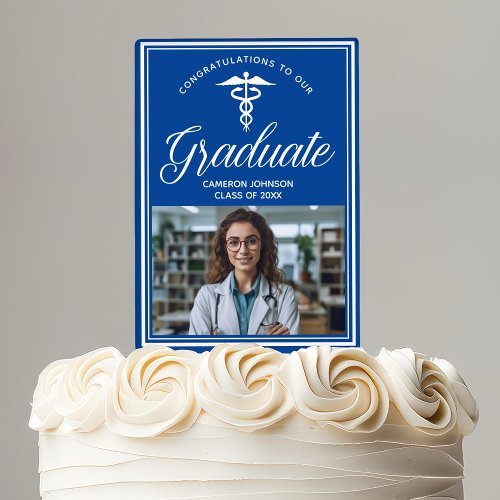 Blue White Medical School Photo Graduation Party Cake Topper