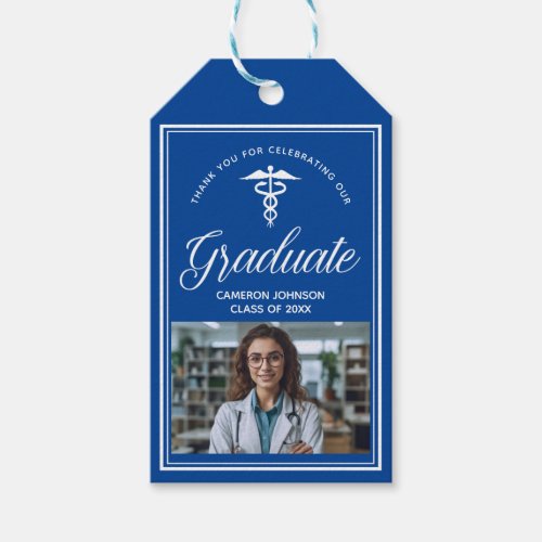 Blue White Medical School Photo Graduation Party Gift Tags