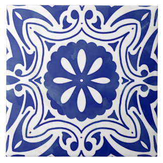 Blue White Mediterranean Abstract Floral Ceramic Tile