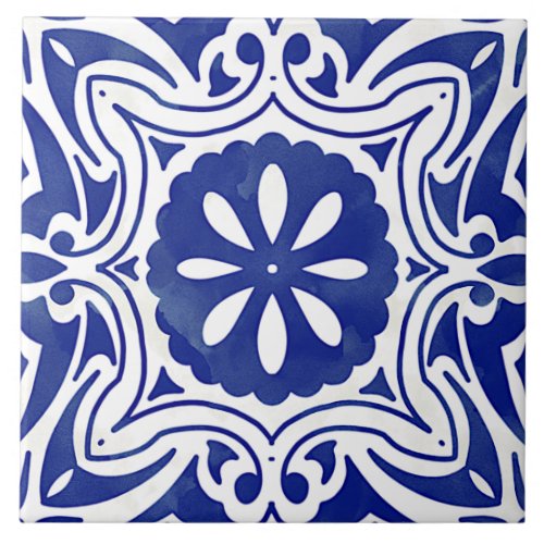 Blue White Mediterranean Abstract Floral Ceramic Tile