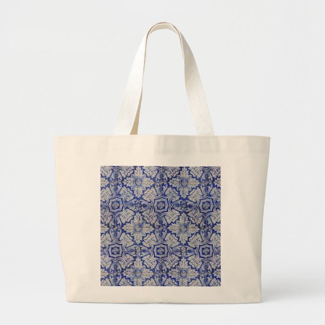 Blue & White Mediterranean Floral Pattern Large Tote Bag (Front)