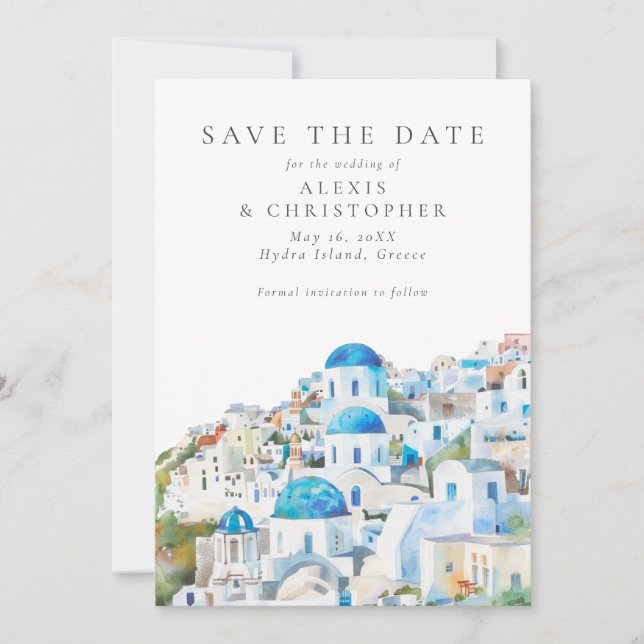 Blue & White Mediterranean Landscape Wedding Save The Date (Front)