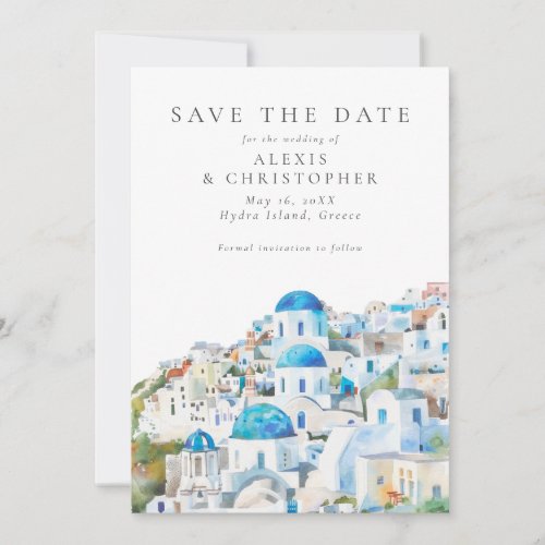 Blue  White Mediterranean Landscape Wedding Save The Date