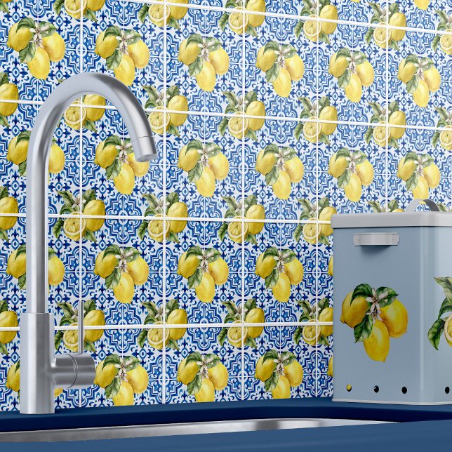 Blue White Mediterranean Lemon Pattern Ceramic Tile (Creator Uploaded)
