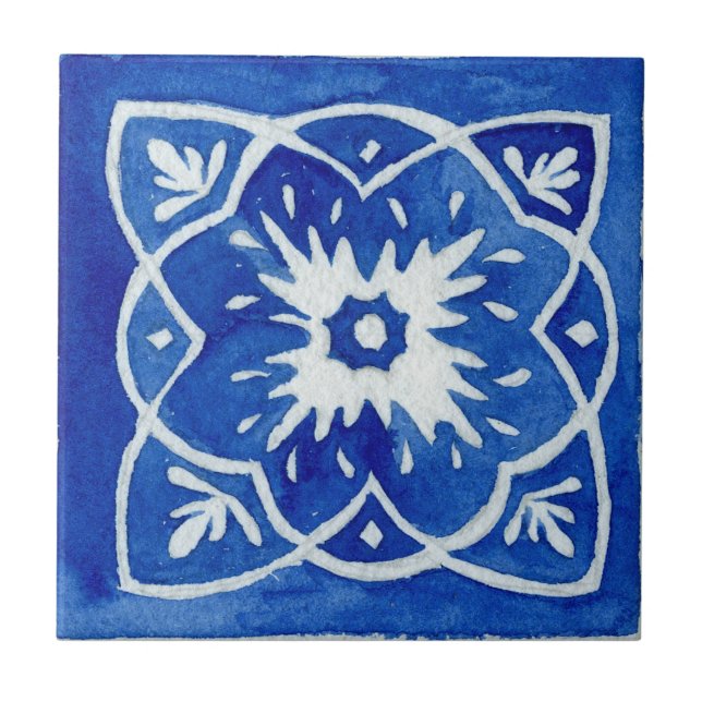 Blue & White Mediterranean Patterned Watercolor Ceramic Tile (Front)