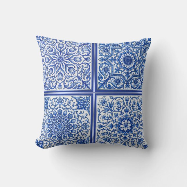 Blue White Mediterranean Tile Botanical Pattern Throw Pillow (Front)
