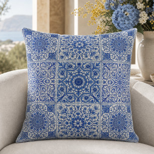 Blue White Mediterranean Tile Botanical Pattern Throw Pillow