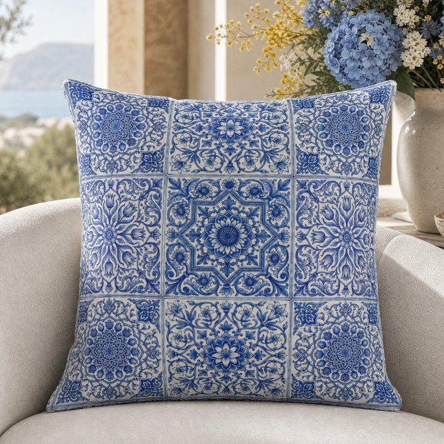 Blue White Mediterranean Tile Botanical Pattern Throw Pillow (Creator Uploaded)