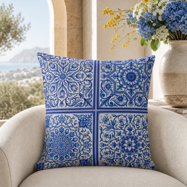 Blue White Mediterranean Tile Botanical Pattern Throw Pillow (Creator Uploaded)