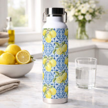 Blue White Mediterranean Tiles Lemon Pattern