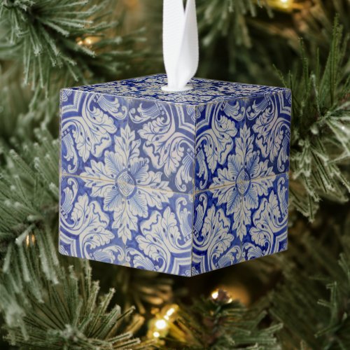 Blue White Mediterranean Vintage Floral Christmas Cube Ornament