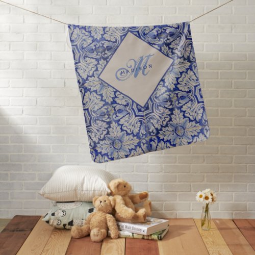 Blue  White Mediterranean Vintage Floral Monogram Baby Blanket