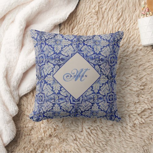 Blue  White Mediterranean Vintage Floral Monogram Throw Pillow