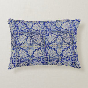 Blue & White Mediterranean Vintage Floral Pattern Accent Pillow