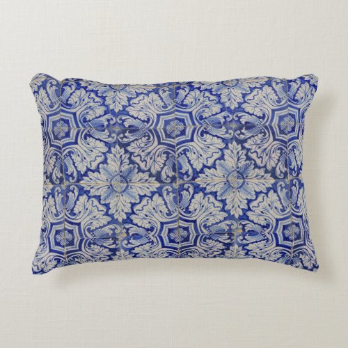 Blue  White Mediterranean Vintage Floral Pattern Accent Pillow