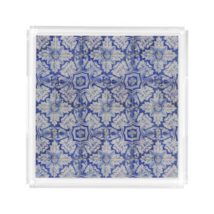 Blue & White Mediterranean Vintage Floral Pattern Acrylic Tray