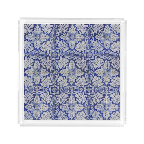 Blue  White Mediterranean Vintage Floral Pattern  Acrylic Tray