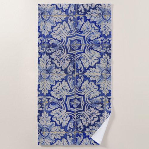 Blue  White Mediterranean Vintage Floral Pattern  Beach Towel