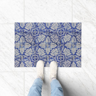 Blue & White Mediterranean Vintage Floral Pattern Doormat