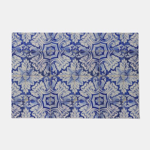 Blue  White Mediterranean Vintage Floral Pattern  Doormat