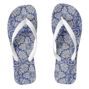 Blue & White Mediterranean Vintage Floral Pattern Flip Flops